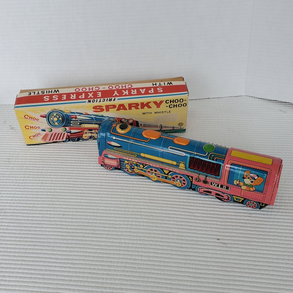 Sparky Express With Choo Choo Whistle Train Tin Retro Vintage Toy Friction Works
